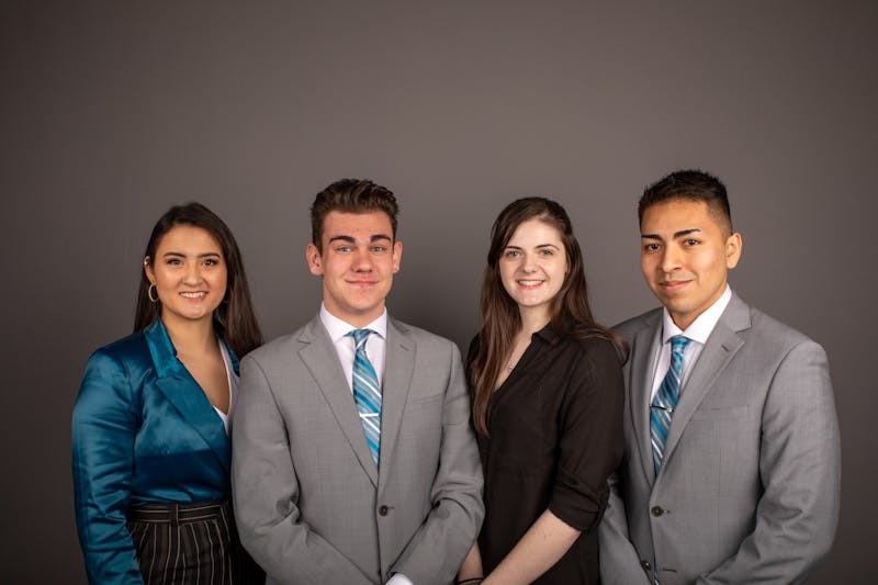 (From left to right) Candidates of Aureum slate Miryam Bevelle president, Dylan Lewandowski, vice president, Mariah Bowman, secretary, Hugo Madrigal, treasurer. Jacob Musselman, DN