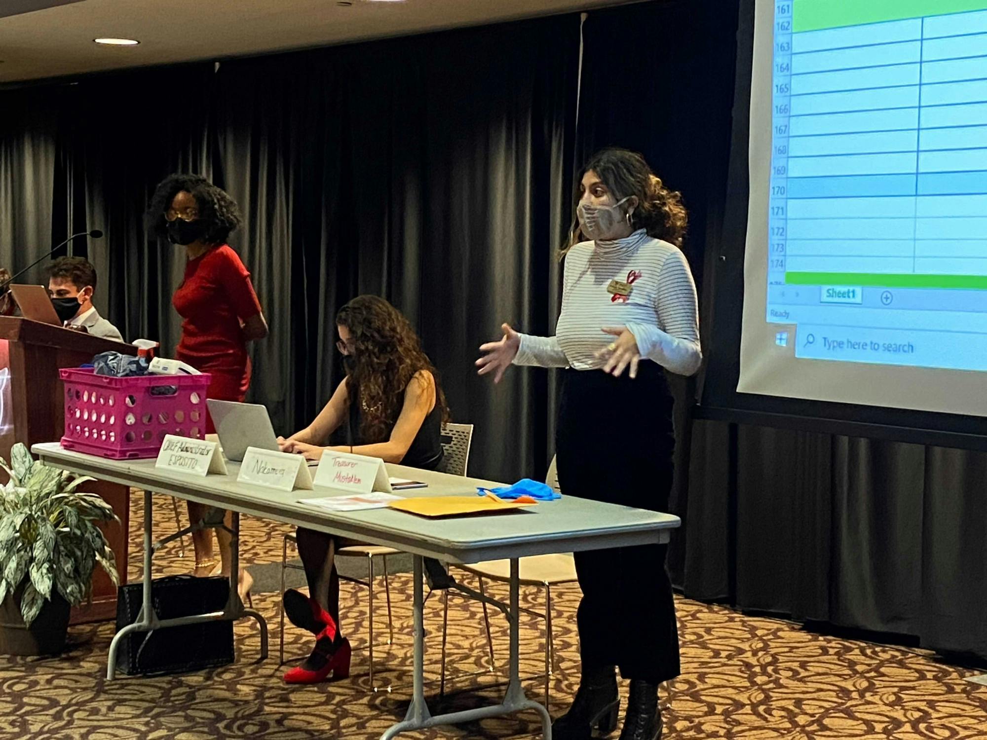 SGA treasurer Amanda Mustaklem explains the changes to the 2020-21 budget at an optional in-person meeting Oct. 14 in Cardinal Hall B. SGA offered a Zoom alternative to the meeting and is planning to do one more in-person meeting this semester. Grace McCormick, DN