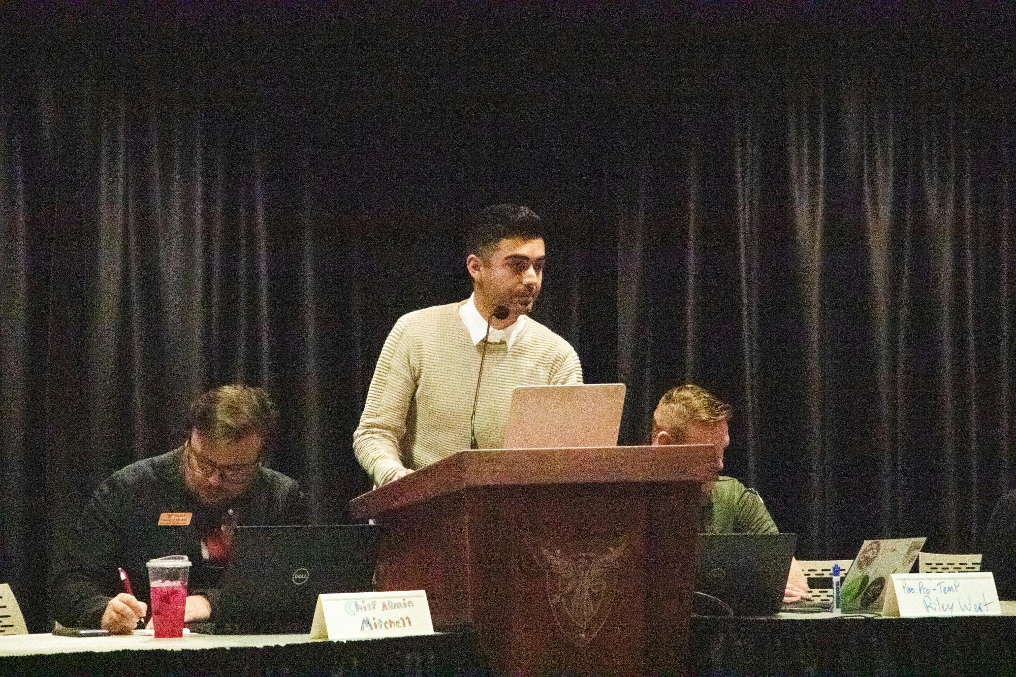 Ball State Student Government Association (SGA) Treasurer Mamed Ramazanli speaks in front of the student senate Feb. 1 in the L.A. Pittenger Student Center. Ramazanli was censured by the student senate due to him not fulfilling his duties. Madelyn Bracken, DN