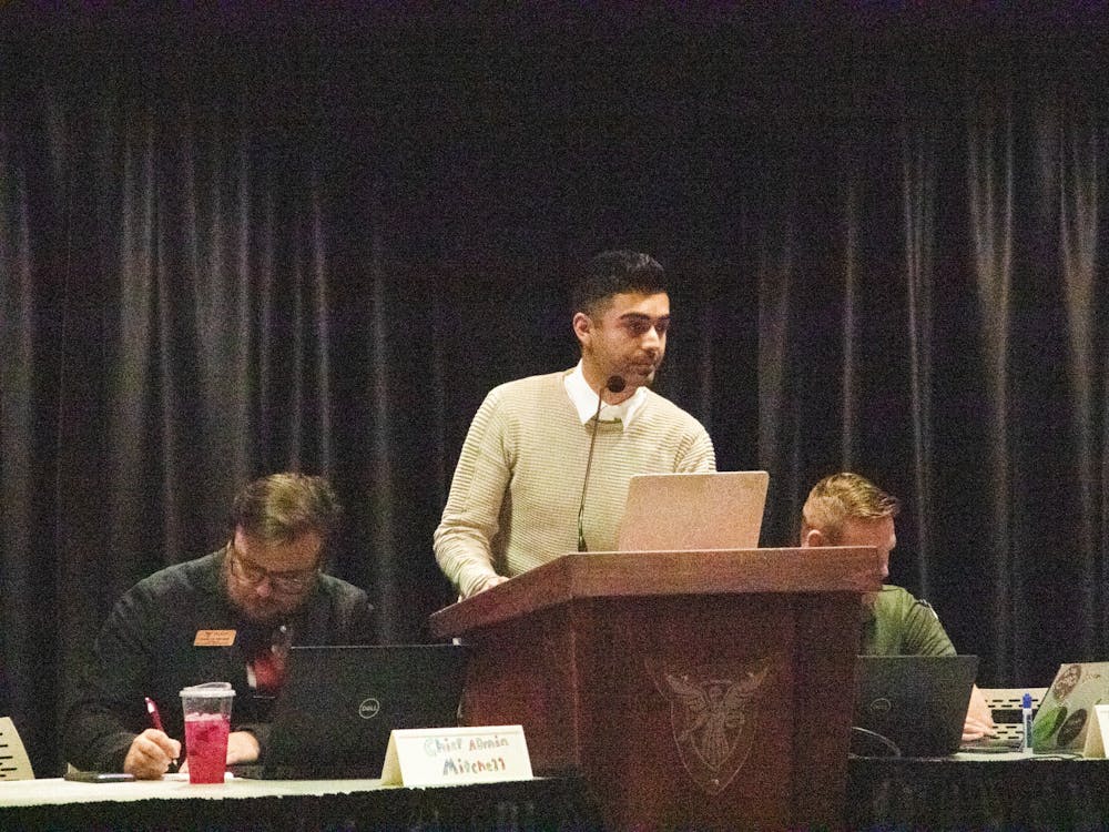 Ball State Student Government Association (SGA) Treasurer Mamed Ramazanli speaks in front of the student senate Feb. 1 in the L.A. Pittenger Student Center. Ramazanli was censured by the student senate due to him not fulfilling his duties. Madelyn Bracken, DN