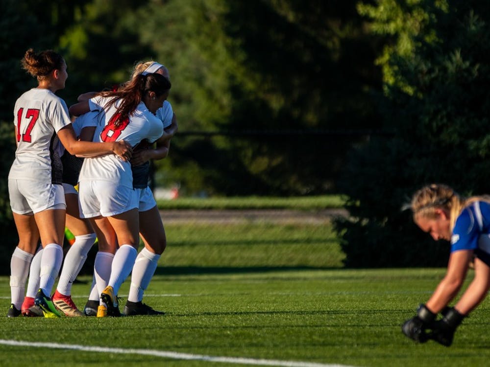 Ball State’s soccer team celebrates after Tatiana Mason scored a goal putting the Cardinals in the lead during the second half of the game against the University of Nebraska-Omaha on Friday, Sept. 14, 2018 at Briner Sports Complex. Ball State went on to defeat Omaha 3 to 1 with all goals being scored in the second half of the game. Eric Pritchett,DN