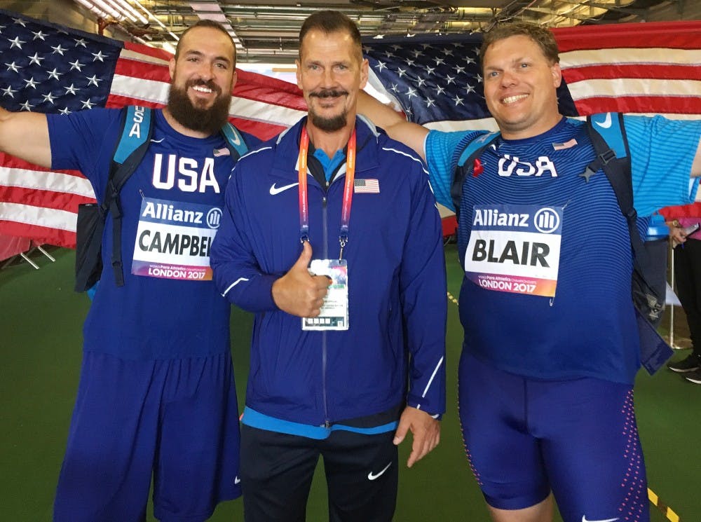 <p>From left: Jeremy Campbell, Larry Judge and David Blair. Ball State kinesiology professor led Campbell and Blair to their second consecutive sweep in the men's F44 discuss throw at the World Para Athletics Championships in London. Larry Judge // Photo Provided</p>