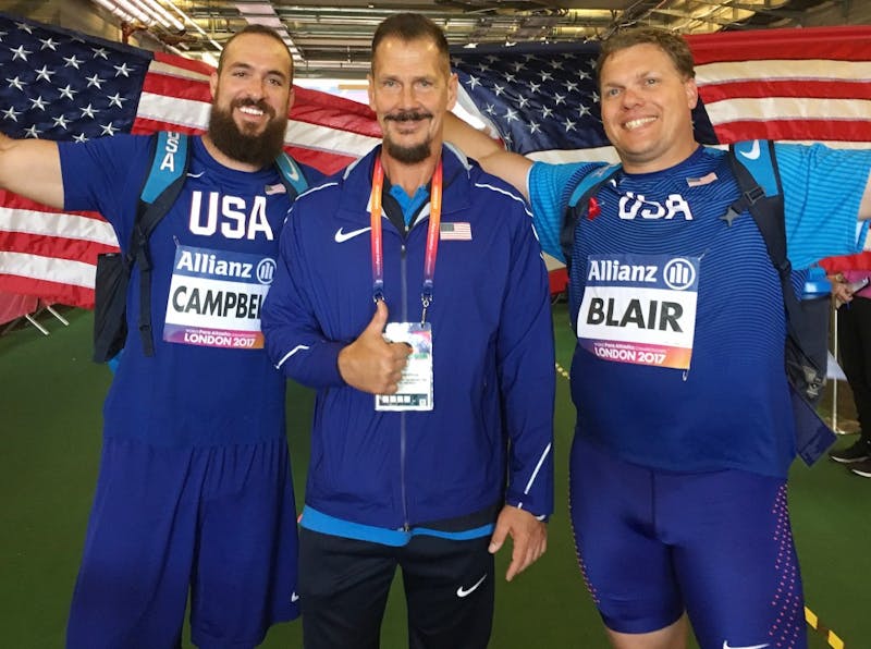 From left: Jeremy Campbell, Larry Judge and David Blair. Ball State kinesiology professor led Campbell and Blair to their second consecutive sweep in the men's F44 discuss throw at the World Para Athletics Championships in London. Larry Judge // Photo Provided