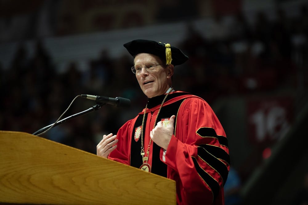 <p>Ball State President Geoffrey Mearns speaks to the new graduates Dec. 14, 2019, at the John E. Worthen Arena. Mearns announced in an email May 19, 2020, students can apply for a COVID-19 emergency relief grant, made available by the U.S. Department of Education through the Coronavirus Aid, Relief and Economic Security (CARES) Act passed by Congress March 27. <strong>Charles Melton, DN</strong></p>
