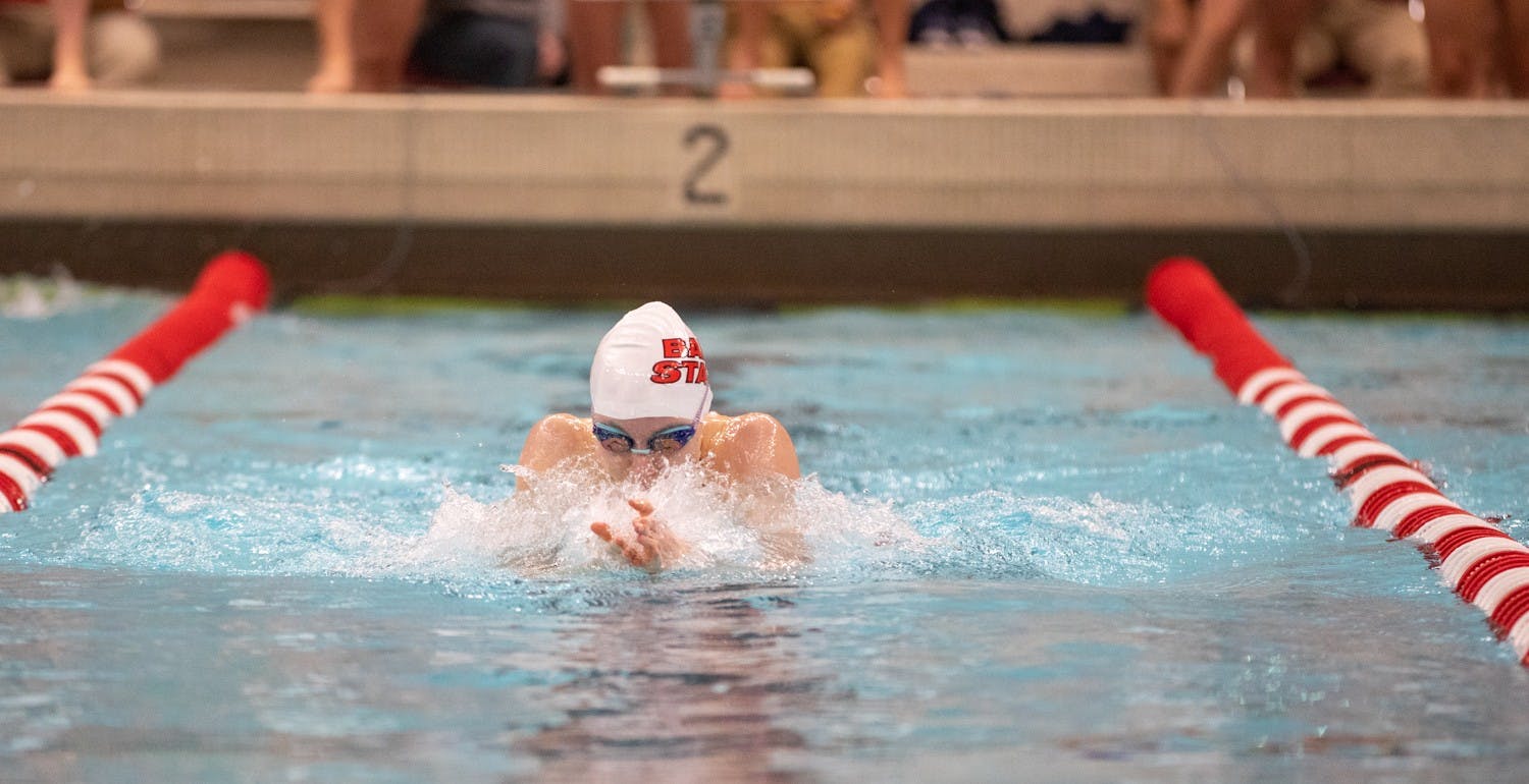 Junior Cailin Merck swim breastroke Jan. 16, 2020, at Lewellen Acquatics Center. Merck placed second in her heat. Jacob Musselman, DN