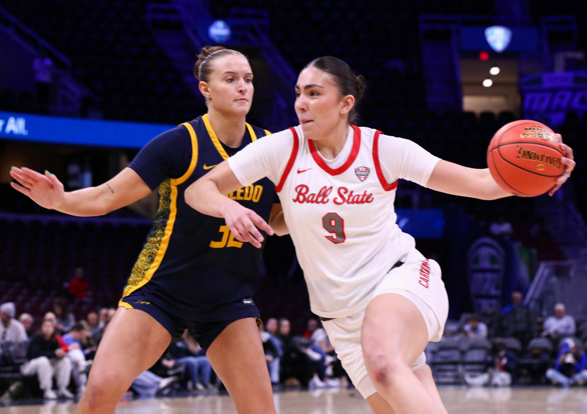 Ball State freshman Alba Caballero drives to the goal March 13 at Rocket Arena. Caballero has a season high of 4 free throws made. Adam Jones, DN