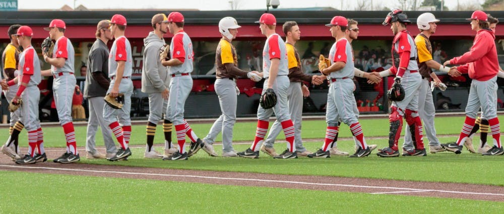 The Ball State Baseball Team shakes hands with Valparaiso at the conclusion of the game on April 11 at Ball Diamond in the First Merchants Ballpark Complex. The Cardinals won 11-2 bringing their win streak up to 4 games. Kyle Crawford // DN
