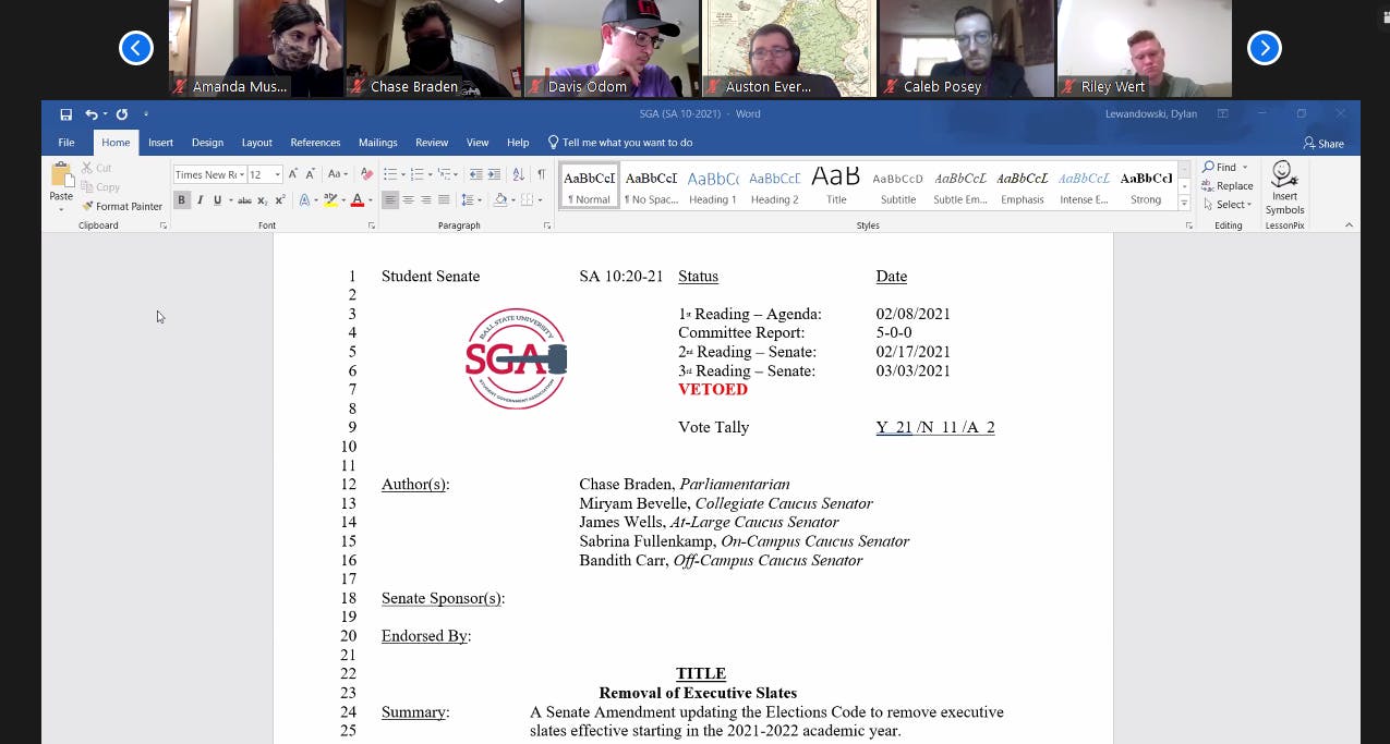 SGA President Connor Sanburn explains why he chose to veto the amendment eliminating slates at the March 10 Zoom meeting. The 22-15 vote did not meet the two-thirds majority required to overturn the veto.