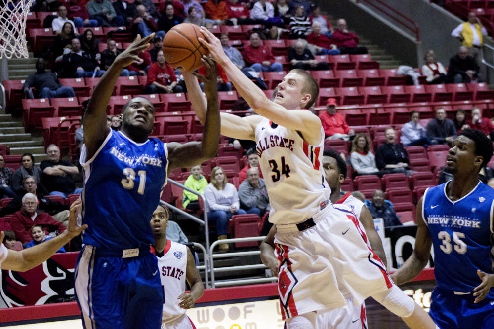 Freshman forward Sean Sellers goes up for a shot during the game against Buffalo on Feb. 4 at Worthen Arena. DN PHOTO MAKAYLA JOHNSON