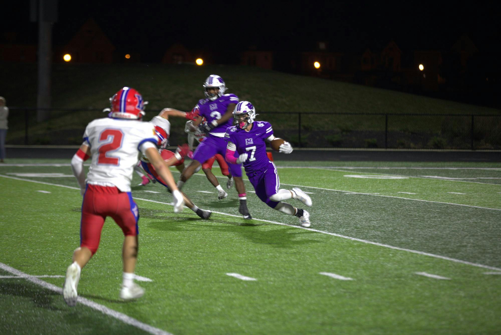 Muncie Central’s #7 Kye Hiatt making a cutback into the open field during an interception return. The Bearcats will travel to face a Lafayette Jefferson team coming off 7 consecutive wins. PHOTO BY CHRIS MCCALLA. 
