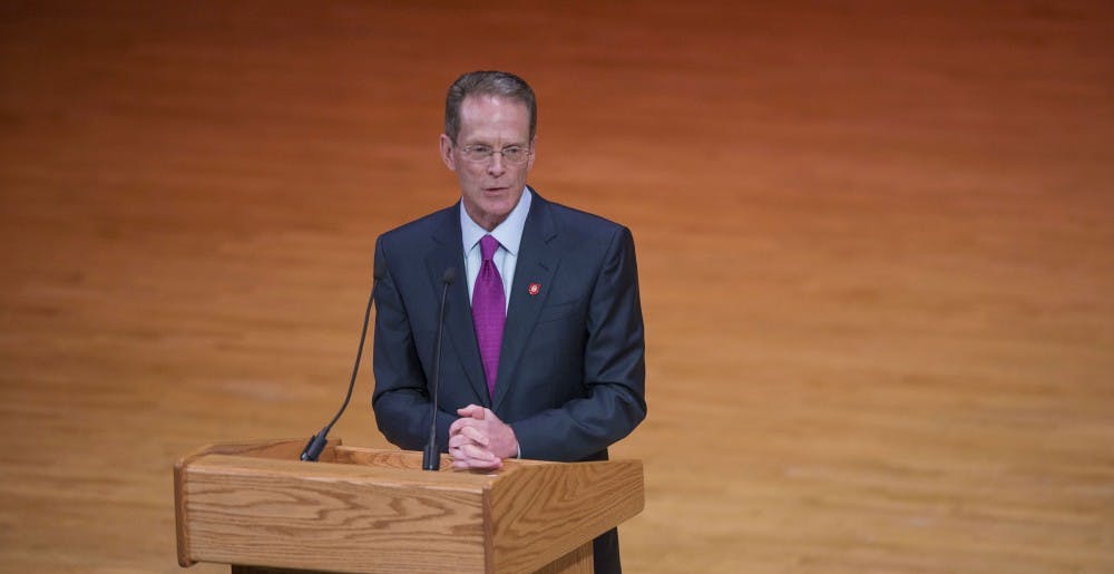 Geoffrey S. Mearns address the crowd for the first time after being named 17th president of Ball State on Jan. 24 in Sursa Hall. Breanna Daugherty // DN