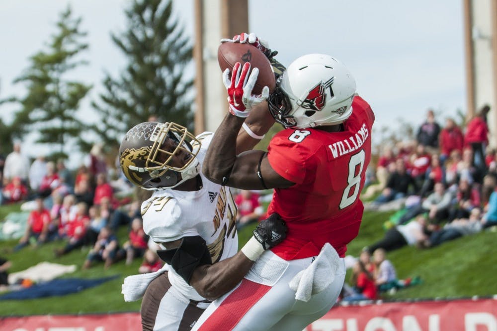 Junior wide receiver Jordan Williams makes the catch during the game against Western Michigan at Scheumann Stadium on Oct. 10. DN PHOTO TAYLOR IRBY