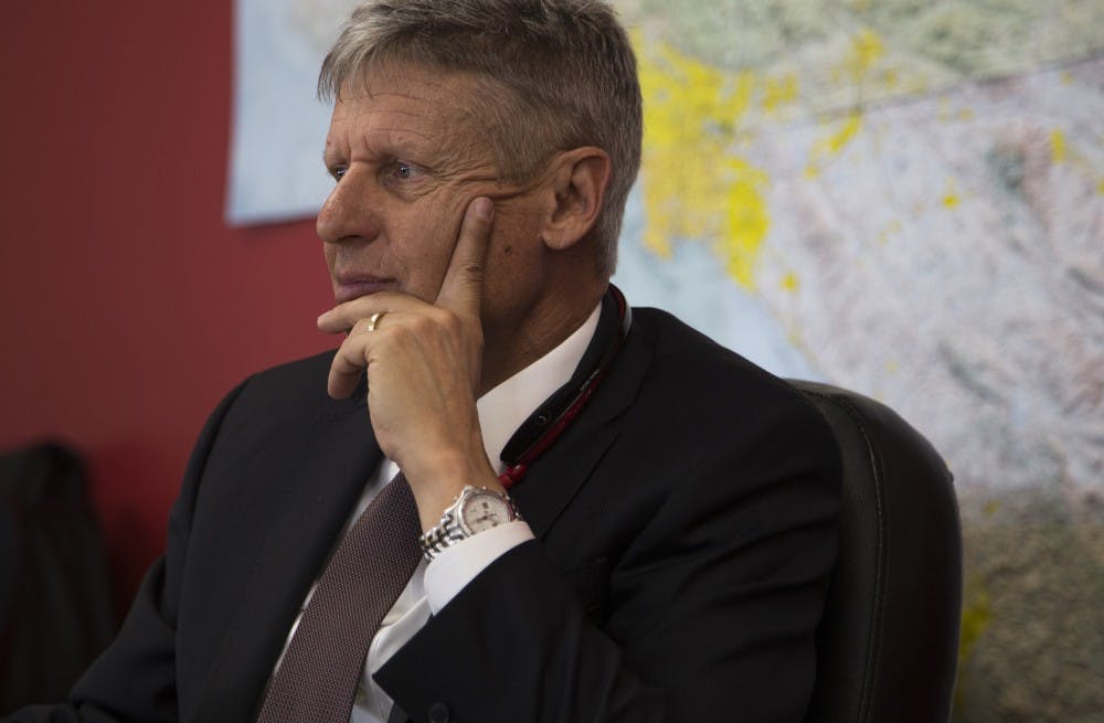 Libertarian presidential candidate Gary Johnson is interviewed at the Los Angeles Times on Feb. 11, 2016 in Los Angeles, Calif. Purple PAC, which originally supported Kentucky Sen. Rand Paul, has spent $1 million on advertising for Johnson. (Gina Ferazzi/Los Angeles Times/TNS)