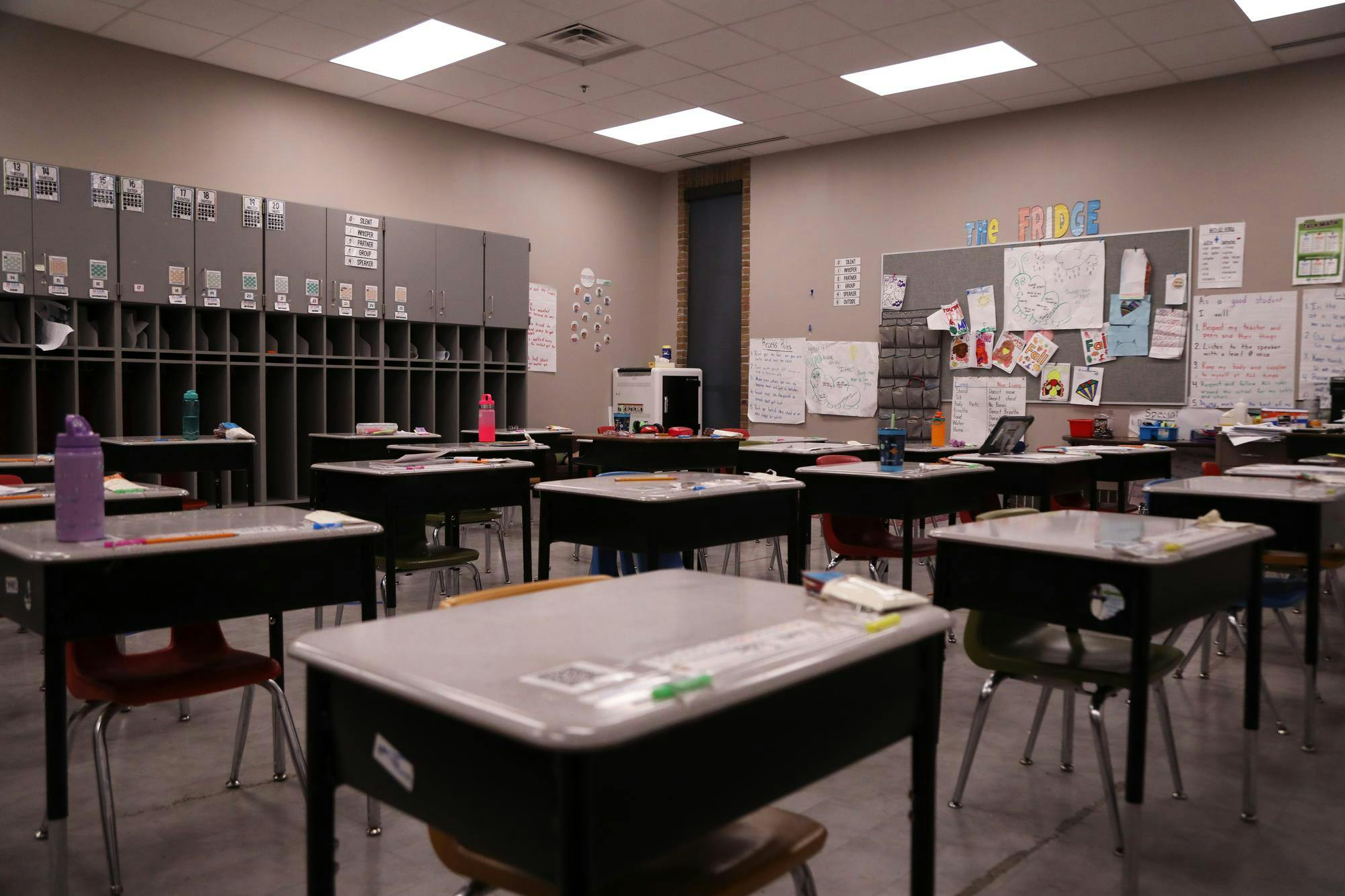 A classroom sits empty at the end of the school day Feb. 27 at East Washington Academy in Muncie, Indiana. This classroom belongs to a first-grade class in the Muncie Community Schools. Mya Cataline, DN