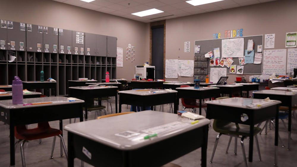 A classroom sits empty at the end of the school day Feb. 27 at East Washington Academy in Muncie, Indiana. This classroom belongs to a first-grade class in the Muncie Community Schools. Mya Cataline, DN