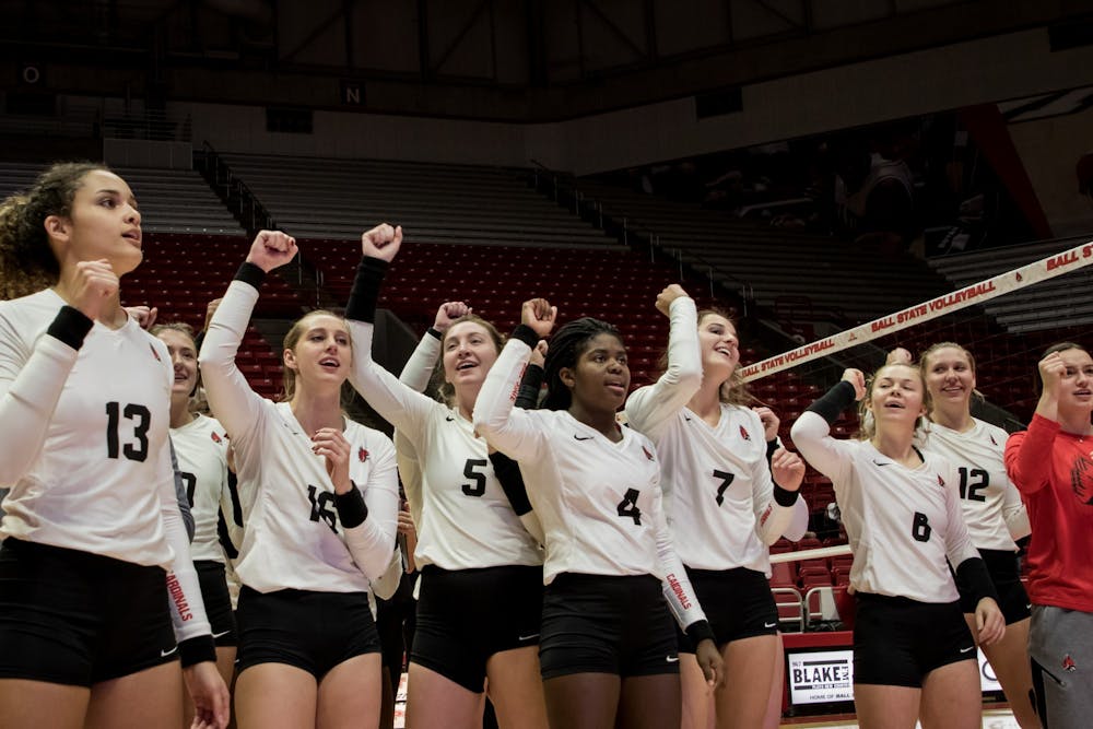 <p>Ball State Women's Volleyball sings its fight song after defeating Central Michigan Nov. 16, 2019, in John E. Worthen Arena. The Cardinals won, 3-1, sending them to the MAC Tournament. <strong>Eric Pritchett, DN</strong></p>