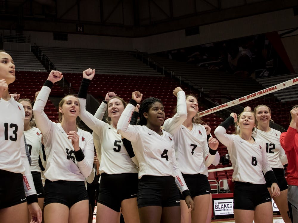 Ball State Women's Volleyball sings its fight song after defeating Central Michigan Nov. 16, 2019, in John E. Worthen Arena. The Cardinals won, 3-1, sending them to the MAC Tournament. Eric Pritchett, DN