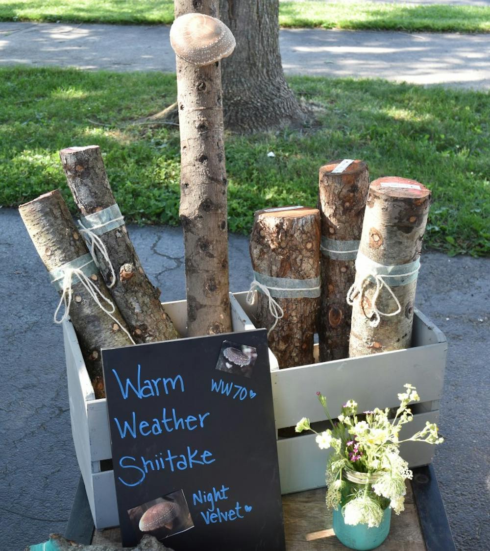 <p>Candice Turner, a Ball state alumna and a resident of Muncie, sells logs with shiitake mushrooms growing out of them at the Makers Market. <em>DN PHOTO PATRICK CALVERT</em></p>