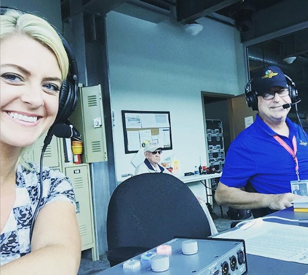 <p>Katie Hargitt graduated from Ball State in 2013 with a degree in journalism and telecommunications. This year, she got the opportunity to announce alongside Bob Jenkins at the Indy 500. <em>PHOTO COURTESY OF KATIE HARGITT'S INSTAGRAM</em></p>