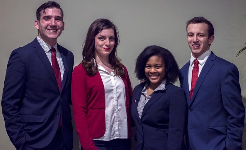 Juniors Theodore Hoffman, Zoe Taylor, Gabrielle Lloyd and Caleb Conley are running for 2017-18 SGA executive board. Their slate, IGNITE, participated in the All Slate Debate on Feb. 20 in John J. Pruis Hall. Teri Lightning Jr., DN