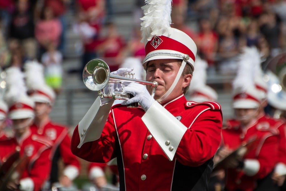 Ball State’s Pride of Mid-America plays the national anthem at the beginning of the home opener game against Eastern Kentucky on Sept. 17 in Scheumann Stadium. Ball State won 41-14. Grace Ramey // DN