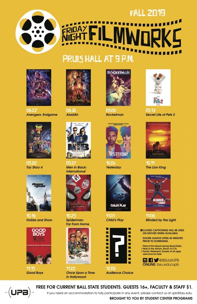 The University Program Board (UPB) has released its movie lineup for the fall 2019 semester. Films will be shown at 9 p.m. on Fridays. University Program Board, Photo Provided.&nbsp;