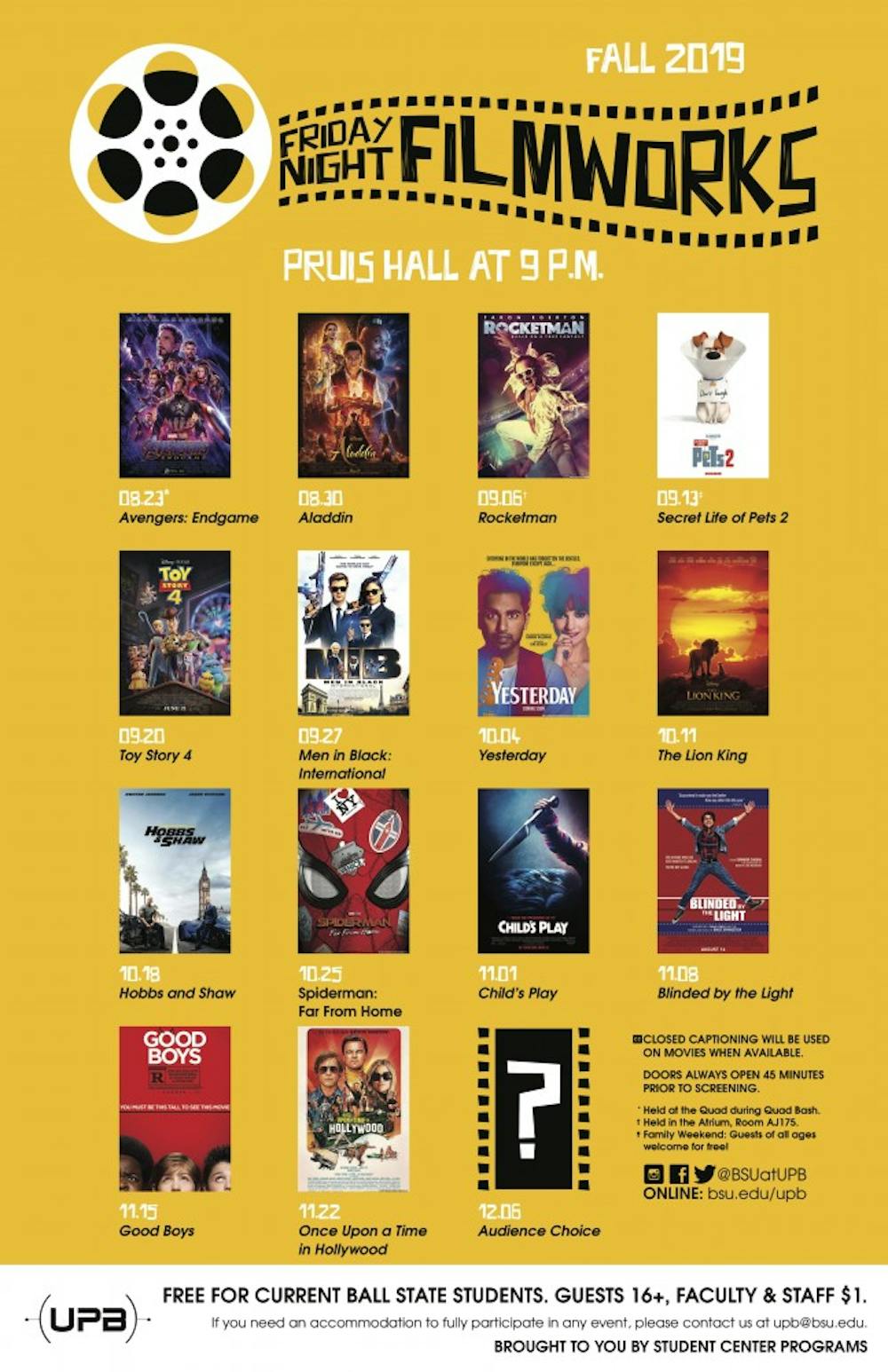 <p>The University Program Board (UPB) has released its movie lineup for the fall 2019 semester. Films will be shown at 9 p.m. on Fridays. <strong>University Program Board, Photo Provided.&nbsp;</strong></p>