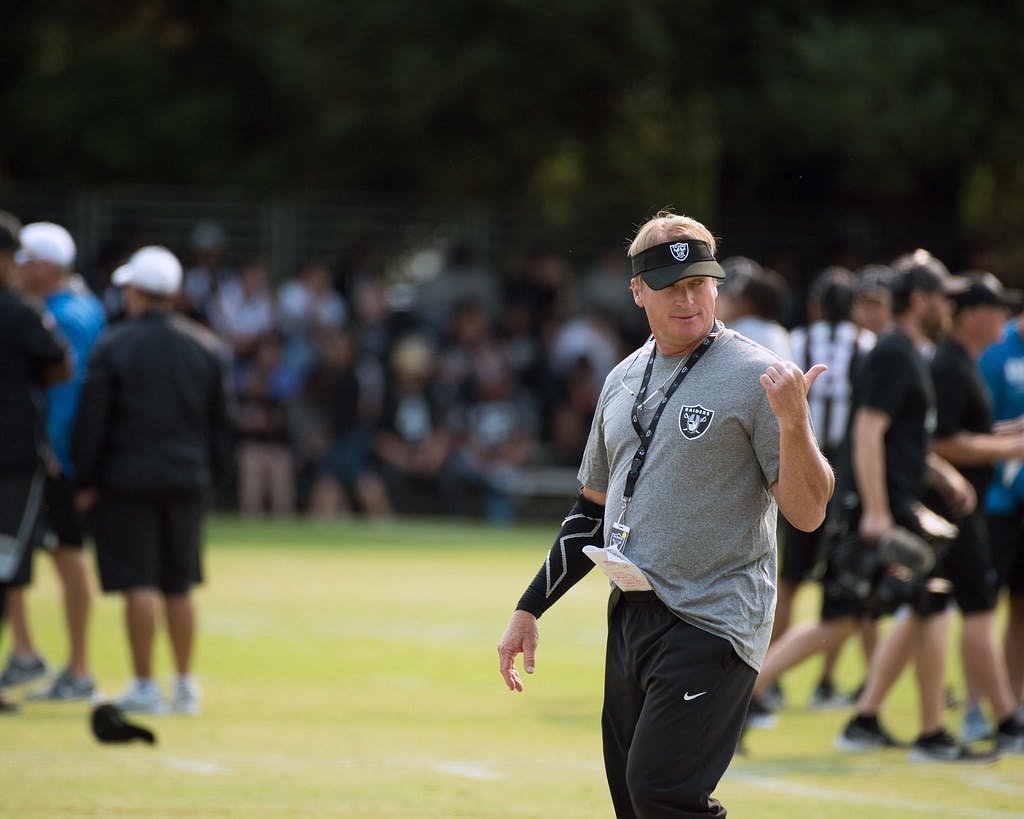 Former Las Vegas Raiders head coach Jon Gruden leads a practice August 7, 2018. Gruden resigned Oct. 11 after the National Football League (NFL) investigation into the Washington Football Team for workplace misconduct found Gruden used homophobic, racist and misogynistic slurs in emails as recently as 2018. Gruden was in his fourth year with the Raiders. Louis Briscese/ US Air Force