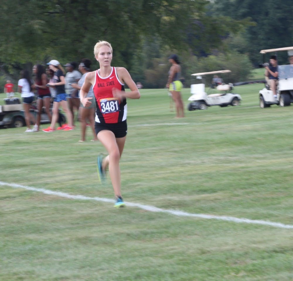 Freshmen runner Emily Tromp runs in the Ball State Cardinal Duels at Elks Country Club on Sept. 23.  Tromp ran an 18:30.7, pacing the Cardinals to victory.  DN // Patrick Murphy