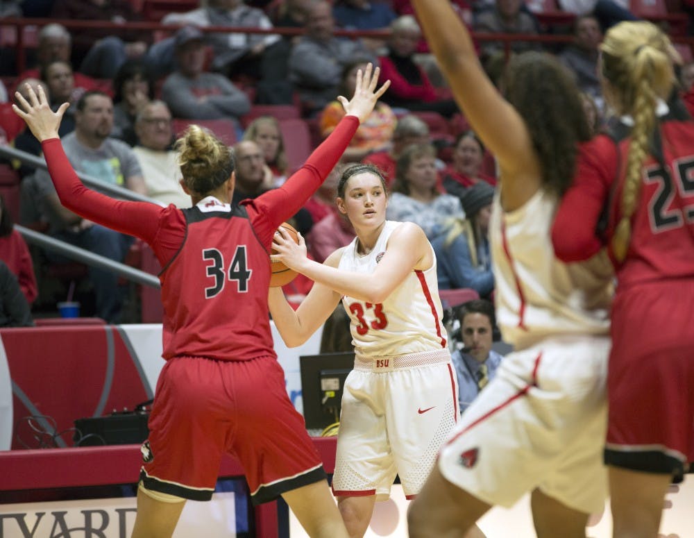 <p>Senior forward Moriah Monaco looks for an open teammate during the Cardinals’ game against Northern Illinois Jan. 27 in John E. Worthen Arena. Monaco was the leading scorer for Ball State with 29 points. <strong>Eric Pritchett, DN</strong></p>