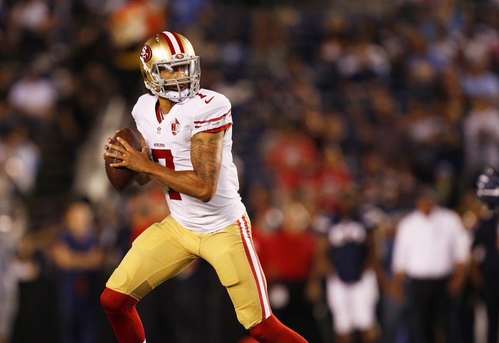 San Francisco 49ers quarterback Colin Kaepernick scrambles against the San Diego Chargers in the second quarter during a preseason game on Thursday, Sept. 1, 2016, at Qualcomm Stadium in San Diego. (K.C. Alfred/San Diego Union-Tribune/TNS)
