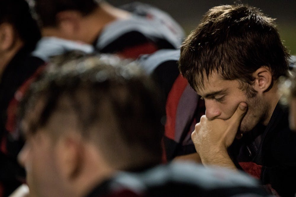 <p>Blackford High School football listens to a debrief after the Bruins' game against Alexandria-Monroe Sept. 20, 2019, in Hartford City, Indiana. Alexandria defeated Blackford, 40-35. <strong>Eric Pritchett, DN</strong></p>