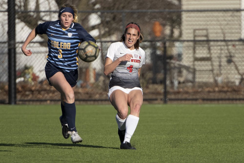 Cardinals senior defender Shelby Kean kicks the ball during the second half during Ball State's home season opener against the Toledo Rockets March 4, 2021, at Briner Sports Complex. The Cardinals beat the Rockets 2-0. Jacob Musselman, DN