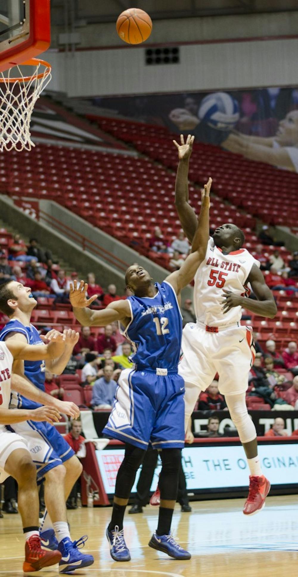 Senior center Majok Majok attempts a shot over a Buffalo player in the second half Jan. 23 at Worthen Arena. Majok had 12 points in the game. DN PHOTO BREANNA DAUGHERTY