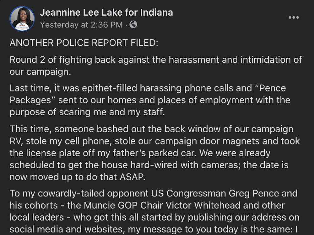 Congressional Candidate Jeannine Lee Lake&#x27;s Facebook post concerning recent damages to her property.