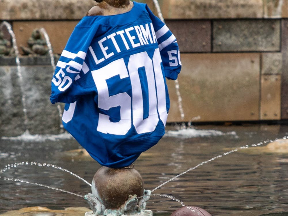Colts Letterman jersey sits on Frog Baby statue Oct. 20, 2020, at Ball State University. Ball State Alumnus David Letterman and former Indianapolis Colts quarterback Peyton Manning were seen filming on campus by Frog Baby and at Scheumann Stadium. Jaden Whiteman, DN