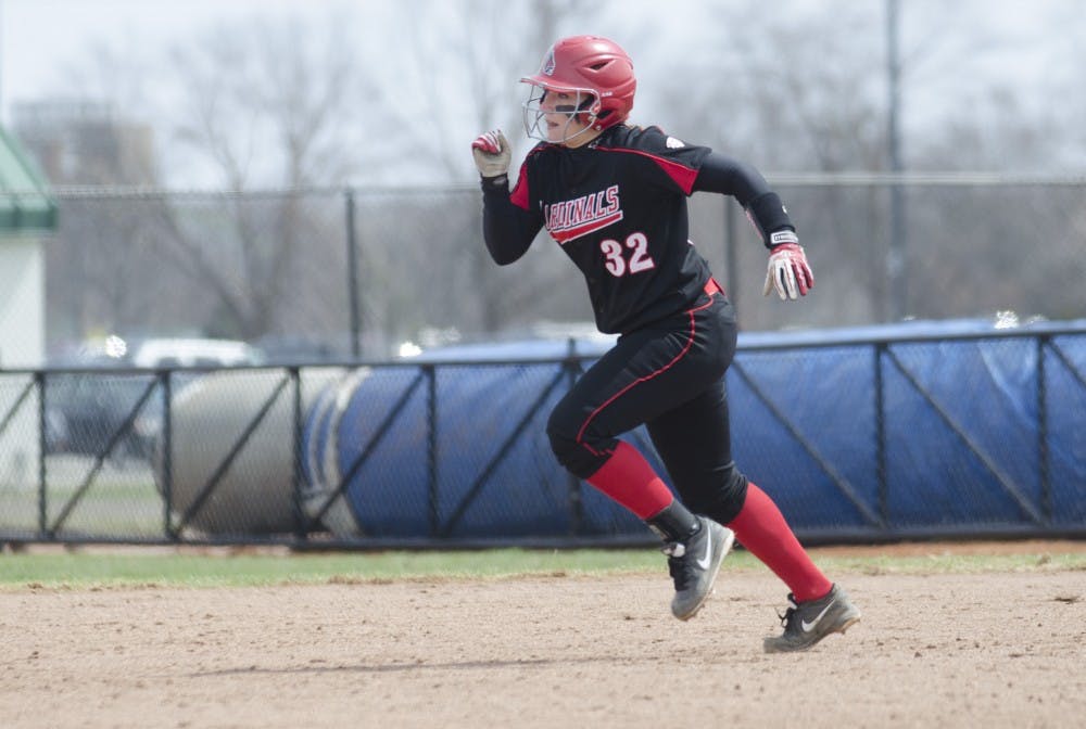 Sophomore Sammi Cowger runs to second base during the game against Toledo on April 6 at the Ball State Softball Complex. DN PHOTO BREANNA DAUAGHERTY