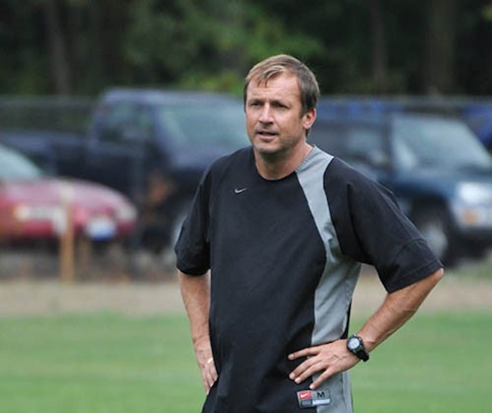 <p>Women’s soccer coach Craig Roberts watches over a drill run during practice. In his time at Ball State, Roberts has been able to get international teams from Canada and Haiti on the spring schedule. <strong>Kellan Deam, DN File</strong></p>