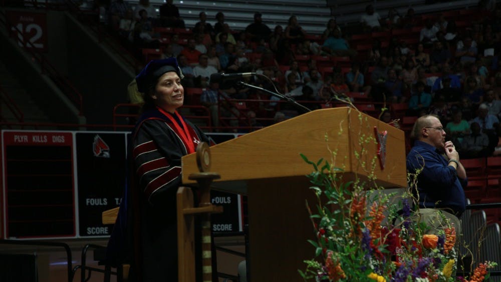 Provost Susana Rivera-Mills speaks at the summer commencement ceremony July 20, 2019, at Worthen Arena. Rohith Rao, DN