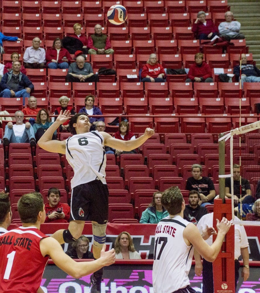 Junior outside attacker Brendan Surane jumps to hit the ball during the game against Sacred Heart on Jan. 14 at Worthen Arena. DN PHOTO ALAINA JAYE HALSEY