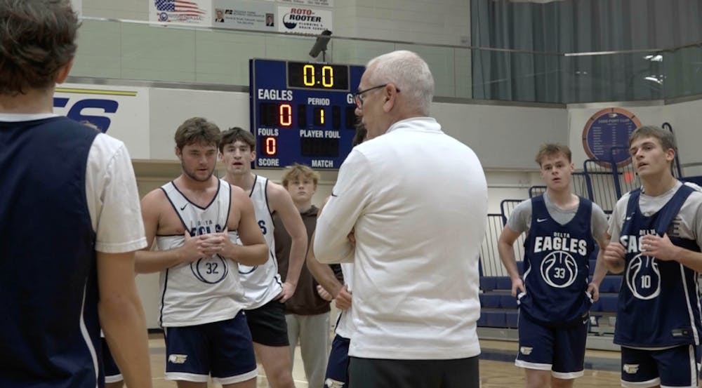 <p>Head Coach, Mark Detweiler rallies his squad after practice.</p>