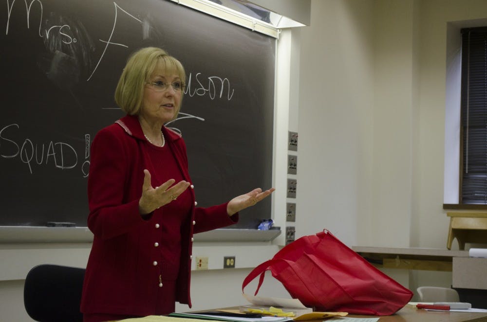 Grace Ferguson, wife of President Paul Ferguson, speaks to a small group of students during the Freshman Convocation. Ferguson and her husband moved from Maine to Muncie this summer after he was hired as the 15th president of the university. DN FILE PHOTO BREANNA DAUGHERTY