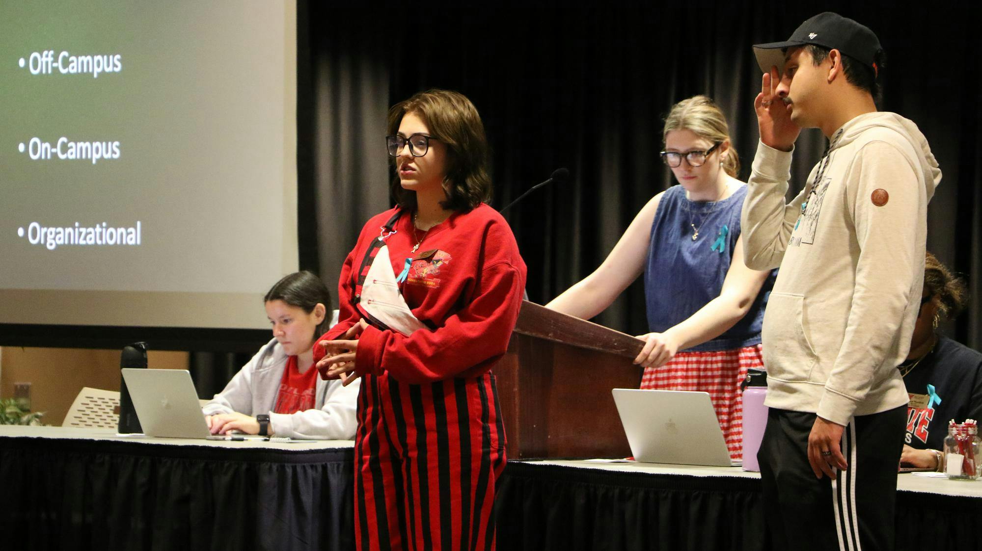 Sen. Addy Morey presents a committee report on behalf of the Student&nbsp;Safety Committee May 1 at the L.A. Pittenger Student Center during a Student Government Association meeting. Landon Jones, DN&nbsp;