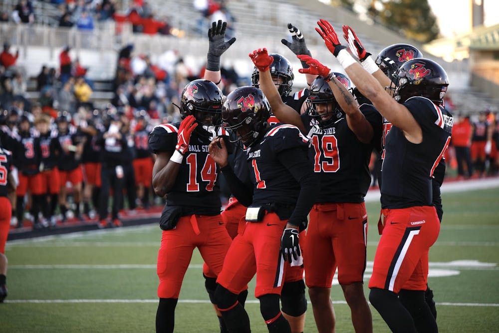 Redshirt sophmore quarterback Kiael Kelly celebrates after scoring a touchdown against Kent State Nov. 18 at Scheumann Stadium. Kelly rushed 588 yards in the game. Andrew Berger, DN