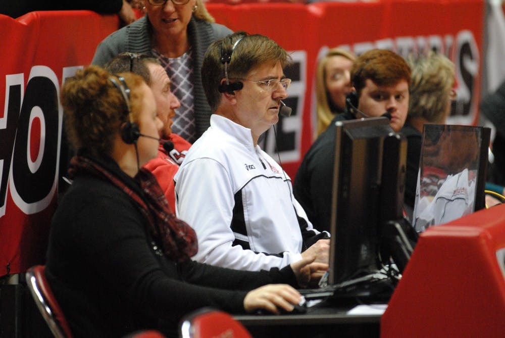 Steve Shondell, the women's volleyball head coach, announces for the men's team's match against&nbsp;Indiana University-Purdue University Fort Wayne.&nbsp;DN PHOTO ALLISON COFFIN