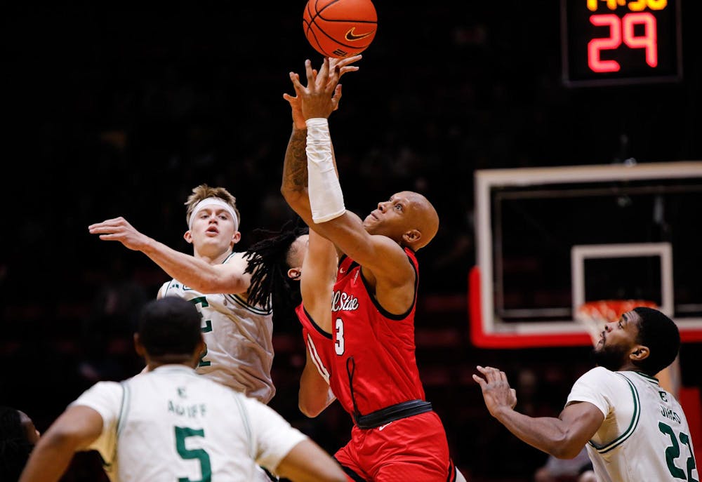 <p>Junior forward Mickey Pearson fights for the tip against Eastern Michigan Feb. 24 at Worthen Arena. Pearson played 35 minutes of the game. Andrew Berger, DN </p>
