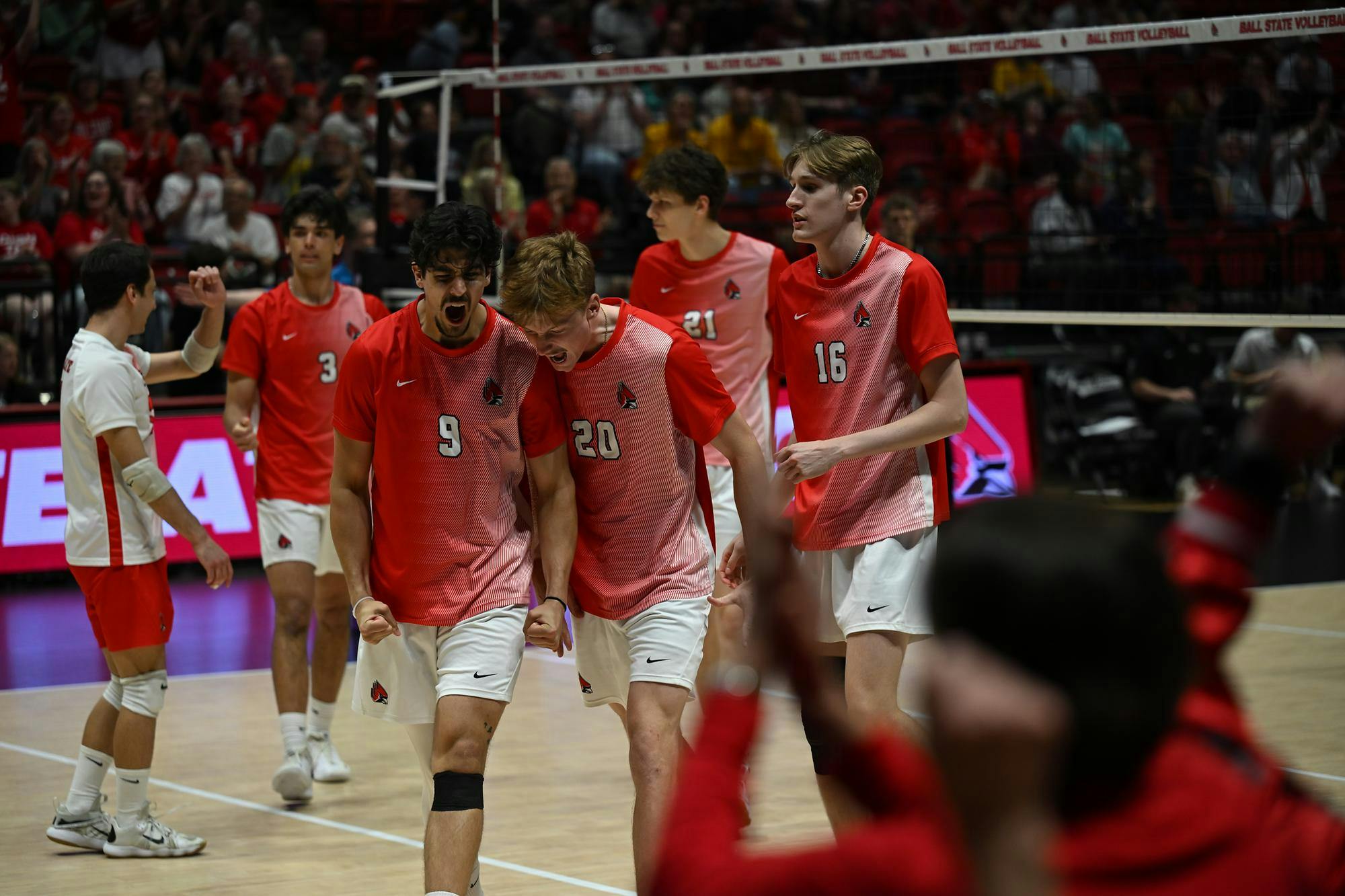 Players on the Ball State Men’s Volleyball team celebrate a point against Loyola University Chicago during the Midwestern Intercollegiate Volleyball Association Tournament Championship April 25 in Worthen Arena. Ryan Fleek, DN