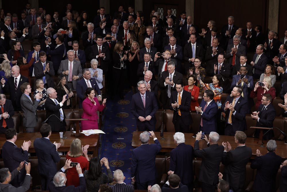 Republican members-elect celebrate as Rep. Kevin McCarthy, R-Calif., is elected speaker of the House in the House Chamber at the U.S. Capitol Building on Saturday, Jan. 7, 2023, in Washington, D.C. (Anna Moneymaker/Getty Images/TNS)