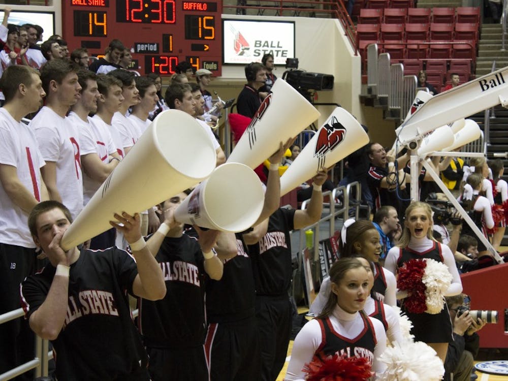 The cheerleaders cheer on the Ball State boys basketball team during the game against Buffalo on Feb. 2 at Worthen Arena. DN PHOTO ARIANNA TORRES