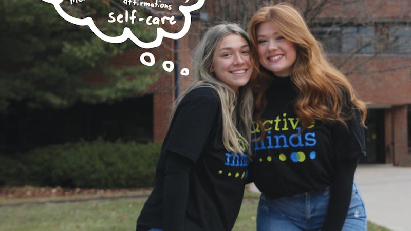 Active Minds Fundraising Chair Megan Anders (left) and Active Minds President Kelsey Dunn (right) pose for a photo Nov. 29 in front of the Whitinger Business Building. Ball State’s chapter is one of 12 in Indiana. Grayson Joslin, DN; Alex Bracken, DN illustration